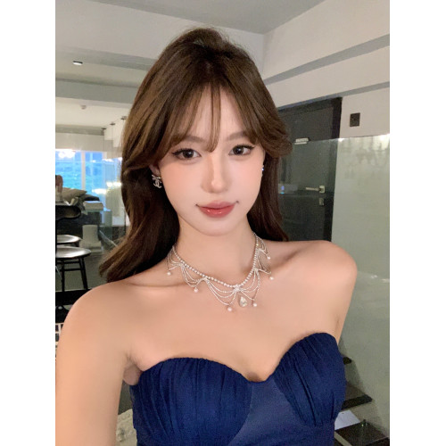 【蜜桃茶】晚宴公主 銀色水滴珍珠項鍊高級感宴會晚禮服頸鏈配飾