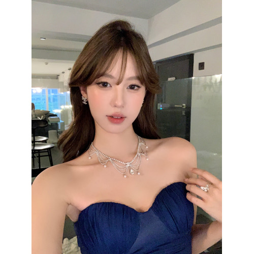 【蜜桃茶】晚宴公主 銀色水滴珍珠項鍊高級感宴會晚禮服頸鏈配飾