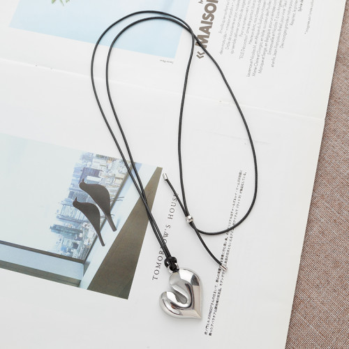 銀色豆豆愛心吊墜黑繩項鍊女簡約小衆設計高級感可調節長款毛衣鏈