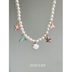波西米亞風貝殼海星珍珠項鍊女輕奢高級感多層鎖骨鍊海邊度假配飾