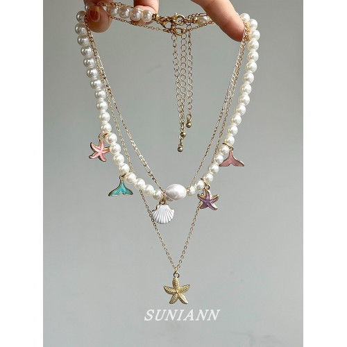 波西米亞風貝殼海星珍珠項鍊女輕奢高級感多層鎖骨鍊海邊度假配飾