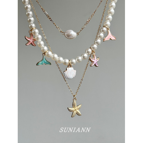 波西米亞風貝殼海星珍珠項鍊女輕奢高級感多層鎖骨鍊海邊度假配飾