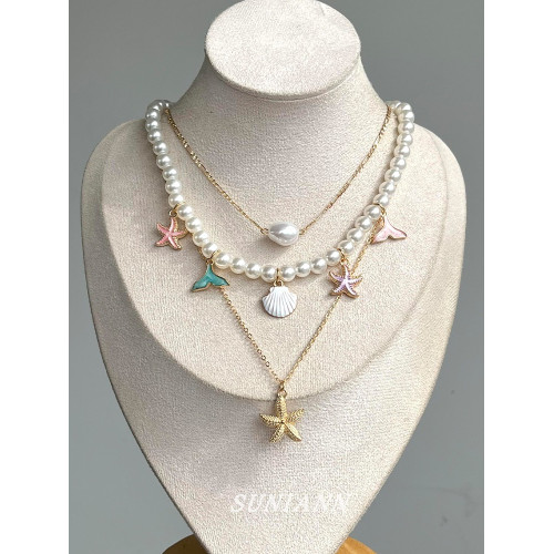 波西米亞風貝殼海星珍珠項鍊女輕奢高級感多層鎖骨鍊海邊度假配飾