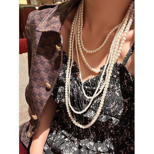 秋冬復古時尚高級感珍珠多層曡搭項鍊氣質長頸鏈毛衣鏈2025年新款 秋冬復古時尚高級感珍珠多層曡搭項鍊氣質長頸鏈毛衣鏈2025年新款