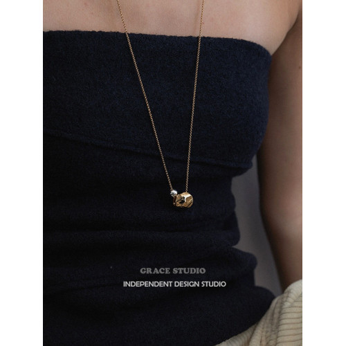 G/S 小衆設計金銀撞色珍珠吊墜長款項鍊高級感簡約休閒曡戴毛衣鏈