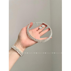 爆閃滿鑽雙層項鍊耳環手鐲輕奢精緻千金感鎖骨鍊新娘婚禮首飾套裝