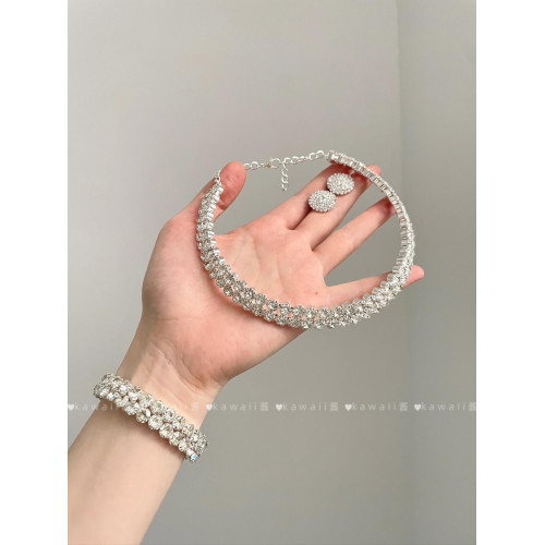 爆閃滿鑽雙層項鍊耳環手鐲輕奢精緻千金感鎖骨鍊新娘婚禮首飾套裝