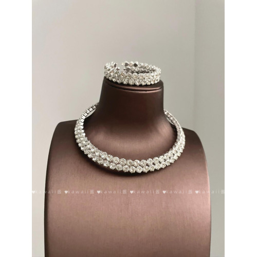 爆閃滿鑽雙層項鍊耳環手鐲輕奢精緻千金感鎖骨鍊新娘婚禮首飾套裝