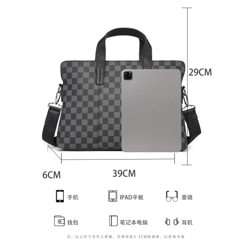 歐美男包格子手提包商務休閒單肩包橫款電腦公文包新款皮質文件包