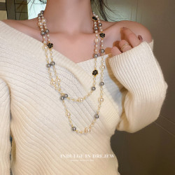 小香風山茶花數字5珍珠毛衣鏈長款項鍊輕奢小衆秋冬曡戴頸鏈配飾
