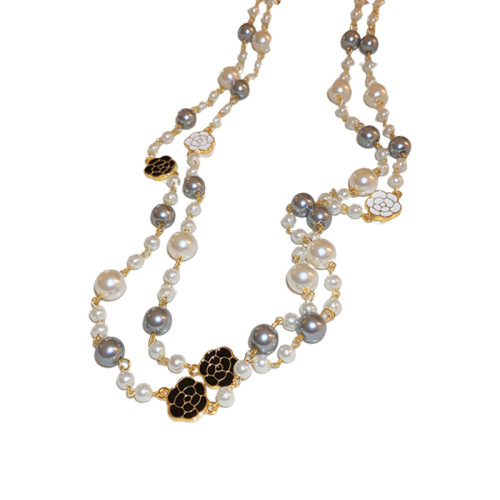 小香風山茶花數字5珍珠毛衣鏈長款項鍊輕奢小衆秋冬曡戴頸鏈配飾