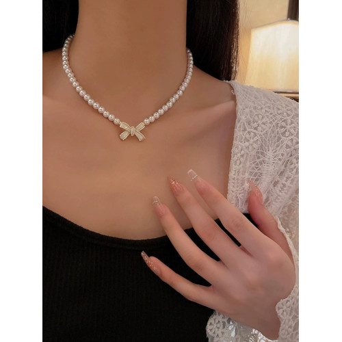 蝴蝶結仿仿珍珠項鍊女頸鏈高級輕奢小衆設計感2026年新款鎖骨鍊飾 蝴蝶結仿仿珍珠項鍊女頸鏈高級輕奢小衆設計感2026年新款鎖骨鍊飾