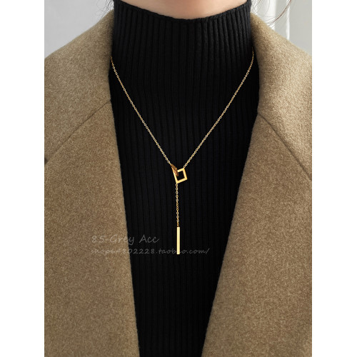 鈦鋼幾何方形流蘇吊墜項鍊女氣質高級感毛衣鏈小衆設計脖頸鏈配飾