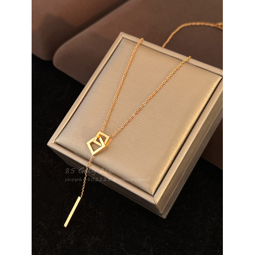 鈦鋼幾何方形流蘇吊墜項鍊女氣質高級感毛衣鏈小衆設計脖頸鏈配飾