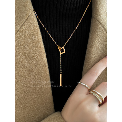 鈦鋼幾何方形流蘇吊墜項鍊女氣質高級感毛衣鏈小衆設計脖頸鏈配飾