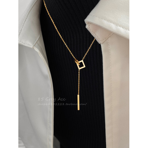 鈦鋼幾何方形流蘇吊墜項鍊女氣質高級感毛衣鏈小衆設計脖頸鏈配飾