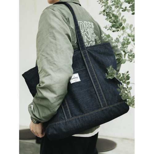 sobag日系中性大容量帆布單肩包百搭男不褪色牛仔藍通勤托特大包