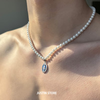 珍珠項鍊男高級感輕奢小衆鎖骨鍊復古風做舊藍釉宮廷情侶款配飾