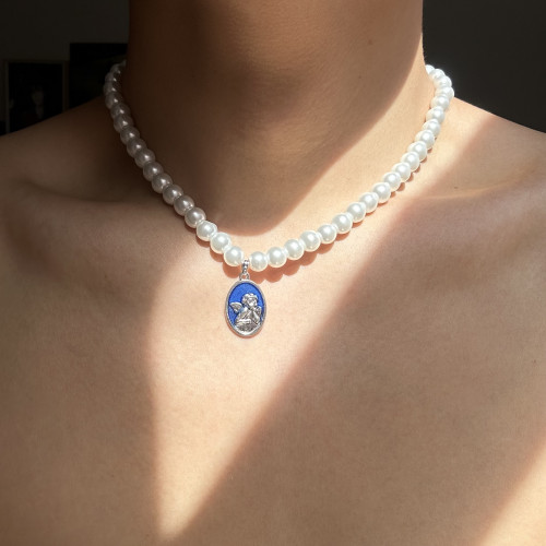 珍珠項鍊男高級感輕奢小衆鎖骨鍊復古風做舊藍釉宮廷情侶款配飾