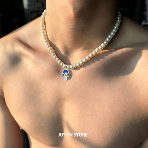 珍珠項鍊男高級感輕奢小衆鎖骨鍊復古風做舊藍釉宮廷情侶款配飾