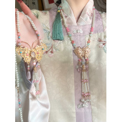 國風粉色瓔珞背雲串珠流蘇項鍊女款新中式古風漢服馬面裙旗袍配飾