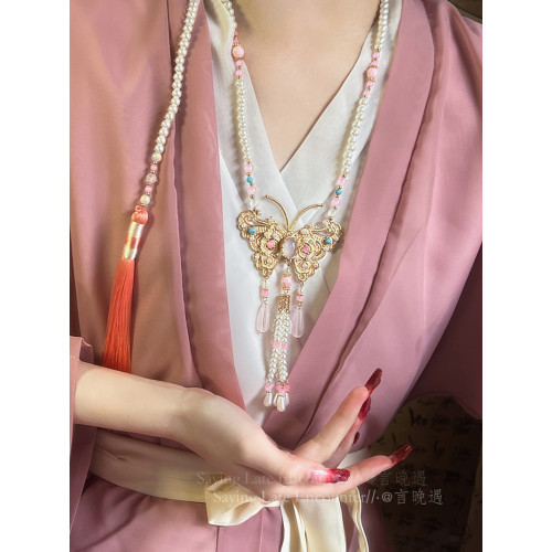 國風粉色瓔珞背雲串珠流蘇項鍊女款新中式古風漢服馬面裙旗袍配飾 國風粉色瓔珞背雲串珠流蘇項鍊女款新中式古風漢服馬面裙旗袍配飾