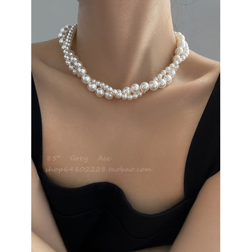 施家雙層大小珍珠纏繞項鍊女小衆設計輕奢高級感鎖骨鍊氣質脖頸鏈