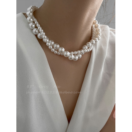 施家雙層大小珍珠纏繞項鍊女小衆設計輕奢高級感鎖骨鍊氣質脖頸鏈