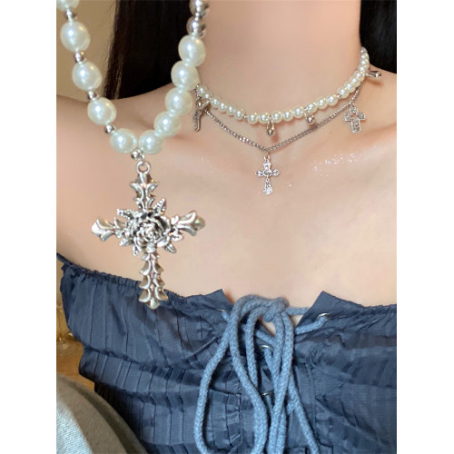 FANTAI珍珠十字架多層項鍊女輕奢小衆設計重工時尚新款甜酷毛衣鏈