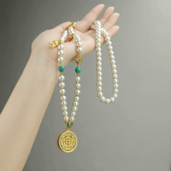 2024新款爆款圓牌吊墜珍珠長款項鍊女新中式國風輕奢小衆高級配飾