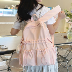 小衆設計褶皺雙肩包女旅遊輕便可愛蝴蝶結書包初中女生大學生後後背包