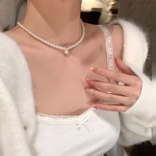 韓系雙面閃鋯珍珠項鍊女配飾高級感輕奢小衆氣質頸鏈choker鎖骨鍊