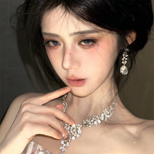 超閃水滴滿鑽流蘇項鍊耳環套裝女宮廷輕奢小衆設計鎖骨鍊脖子配飾