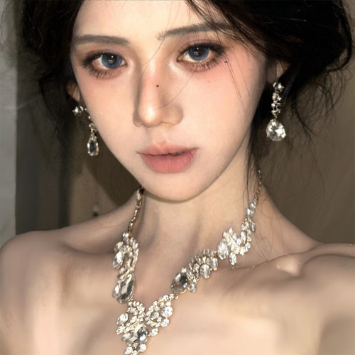 超閃水滴滿鑽流蘇項鍊耳環套裝女宮廷輕奢小衆設計鎖骨鍊脖子配飾