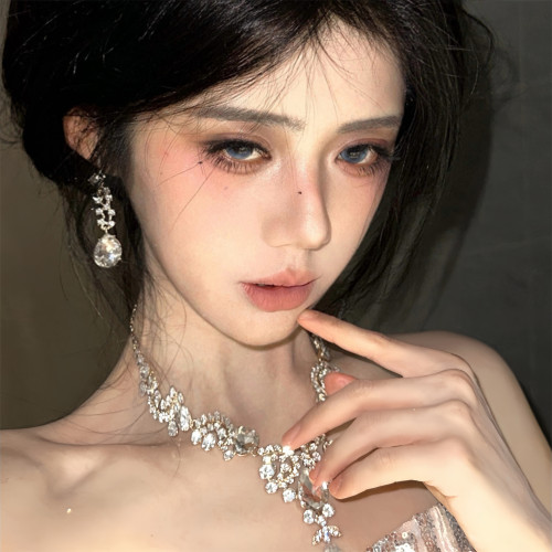 超閃水滴滿鑽流蘇項鍊耳環套裝女宮廷輕奢小衆設計鎖骨鍊脖子配飾