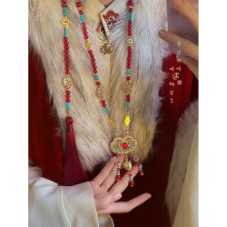 新中式古風平安鎖背雲紅色長瓔珞流蘇項鍊女國風漢服馬面裙配飾品
