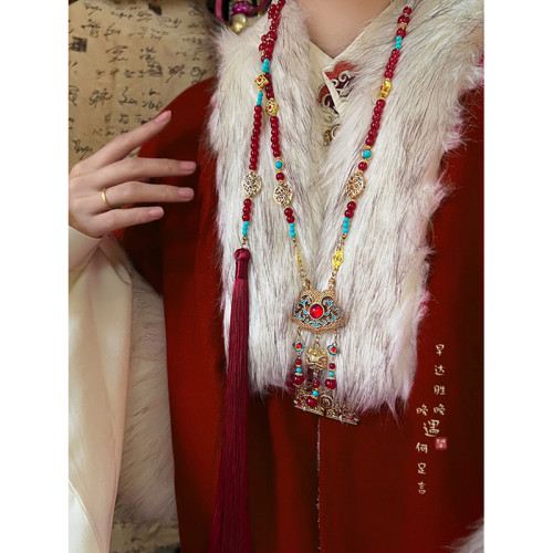 新中式古風平安鎖背雲紅色長瓔珞流蘇項鍊女國風漢服馬面裙配飾品 新中式古風平安鎖背雲紅色長瓔珞流蘇項鍊女國風漢服馬面裙配飾品