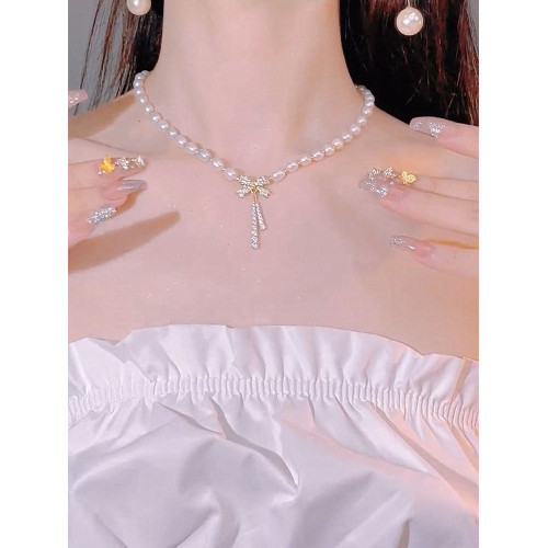 蝴蝶結淡水仿珍珠項鍊女款2026新款鎖骨鍊高級感輕奢小衆頸鏈