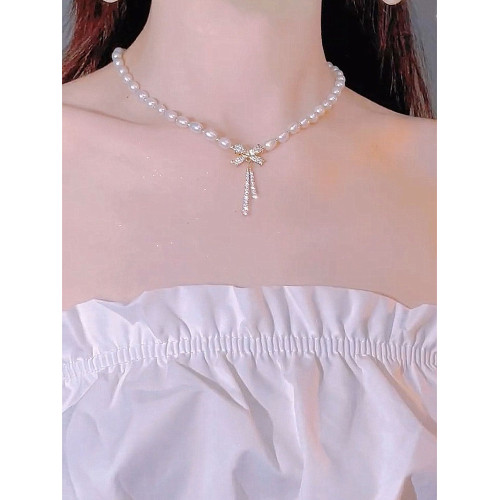 蝴蝶結淡水仿珍珠項鍊女款2026新款鎖骨鍊高級感輕奢小衆頸鏈