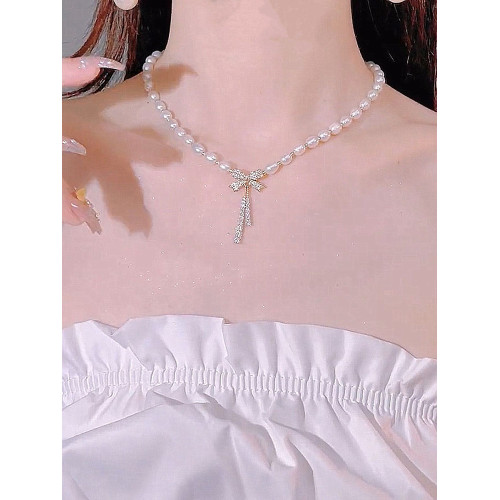 蝴蝶結淡水仿珍珠項鍊女款2026新款鎖骨鍊高級感輕奢小衆頸鏈