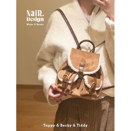 古莉奈爾絨布羊羔毛絨雙肩包冬季感絨絨通勤包女百搭休閒高級感包