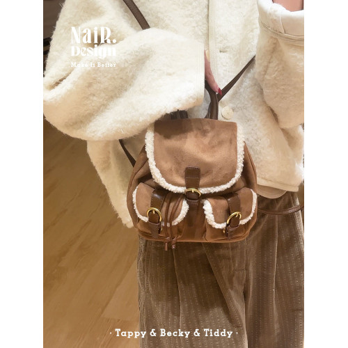 古莉奈爾絨布羊羔毛絨雙肩包冬季感絨絨通勤包女百搭休閒高級感包