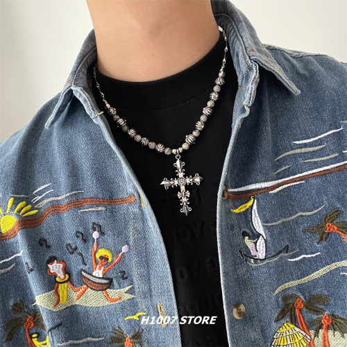 美式嘻哈風克克十字花男款項鍊女小衆設計鎖骨鍊高級感毛衣鏈配飾 美式嘻哈風克克十字花男款項鍊女小衆設計鎖骨鍊高級感毛衣鏈配飾