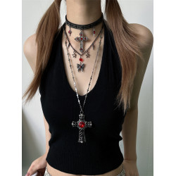 哥特風y2k多層曡戴蝴蝶十字架choker項鍊女小衆涉穀風辣妹配飾潮