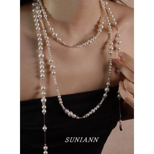 【汪蘇瀧同款】法式復古長款多層珍珠項鍊女復古滿天星曡戴毛衣鏈