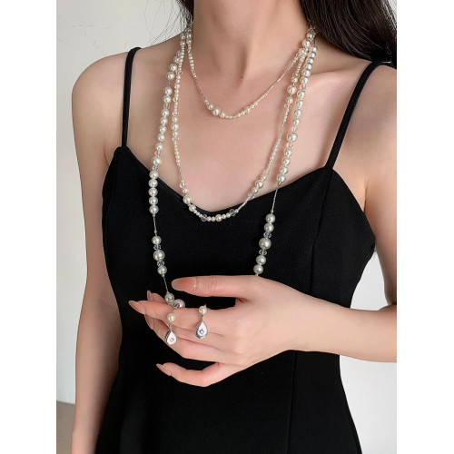 【汪蘇瀧同款】法式復古長款多層珍珠項鍊女復古滿天星曡戴毛衣鏈