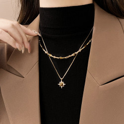 金色虎眼石雙層曡戴項鍊女2026新款毛衣鏈高級感輕奢小衆精緻配飾