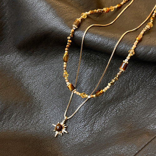 金色虎眼石雙層曡戴項鍊女2026新款毛衣鏈高級感輕奢小衆精緻配飾