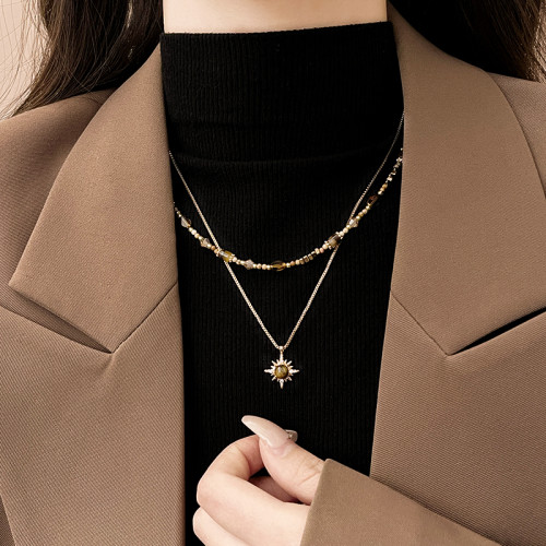 金色虎眼石雙層曡戴項鍊女2026新款毛衣鏈高級感輕奢小衆精緻配飾