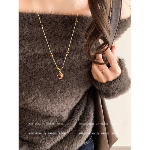 長款虎眼石吊墜毛衣鏈項鍊女秋冬配飾復古美拉德高級感2026新款